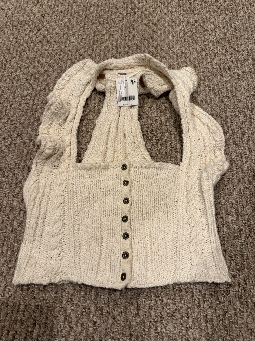Free People Cream Knit Button-Front Crop Halter Top NWT